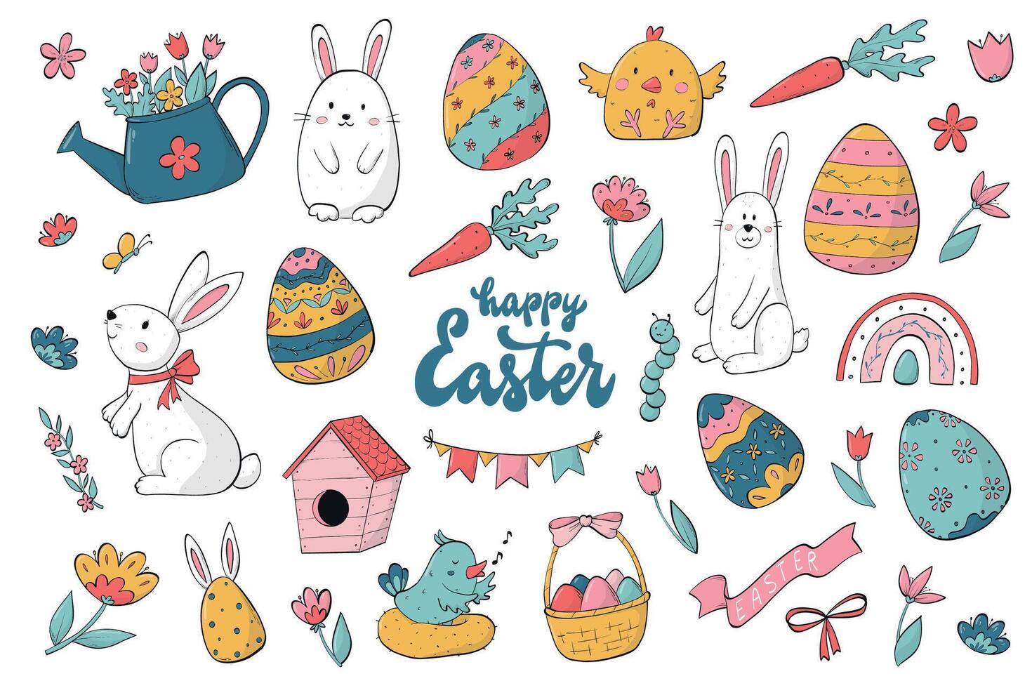 Easter clipart, cartoon elements collection, doodles for stickers, prints, planners, cards, posters decor, etc. EPS 10 vector