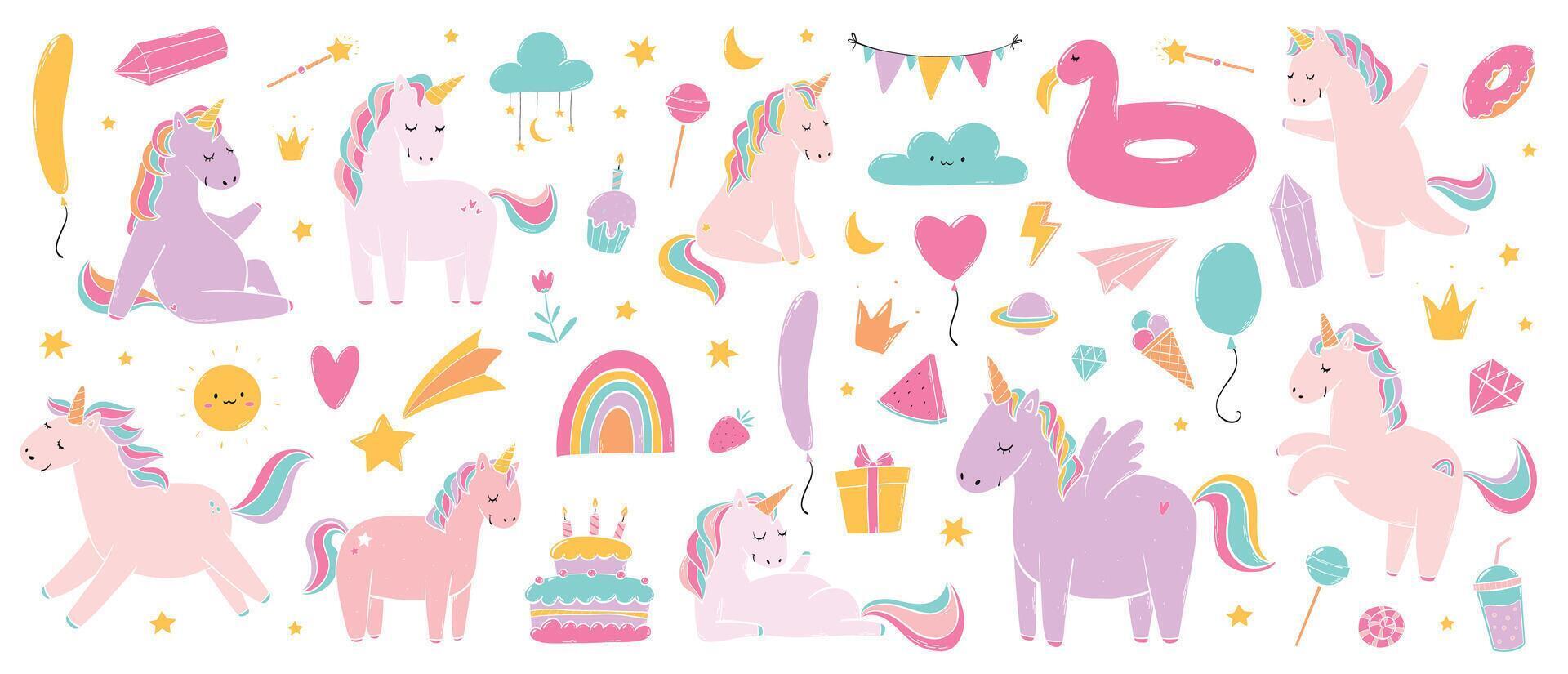 set of cute nursery doodles, birthday clip art, cartoon elements for stickers, prints, cards, posters, banners, sublimation, etc. EPS 10 vector