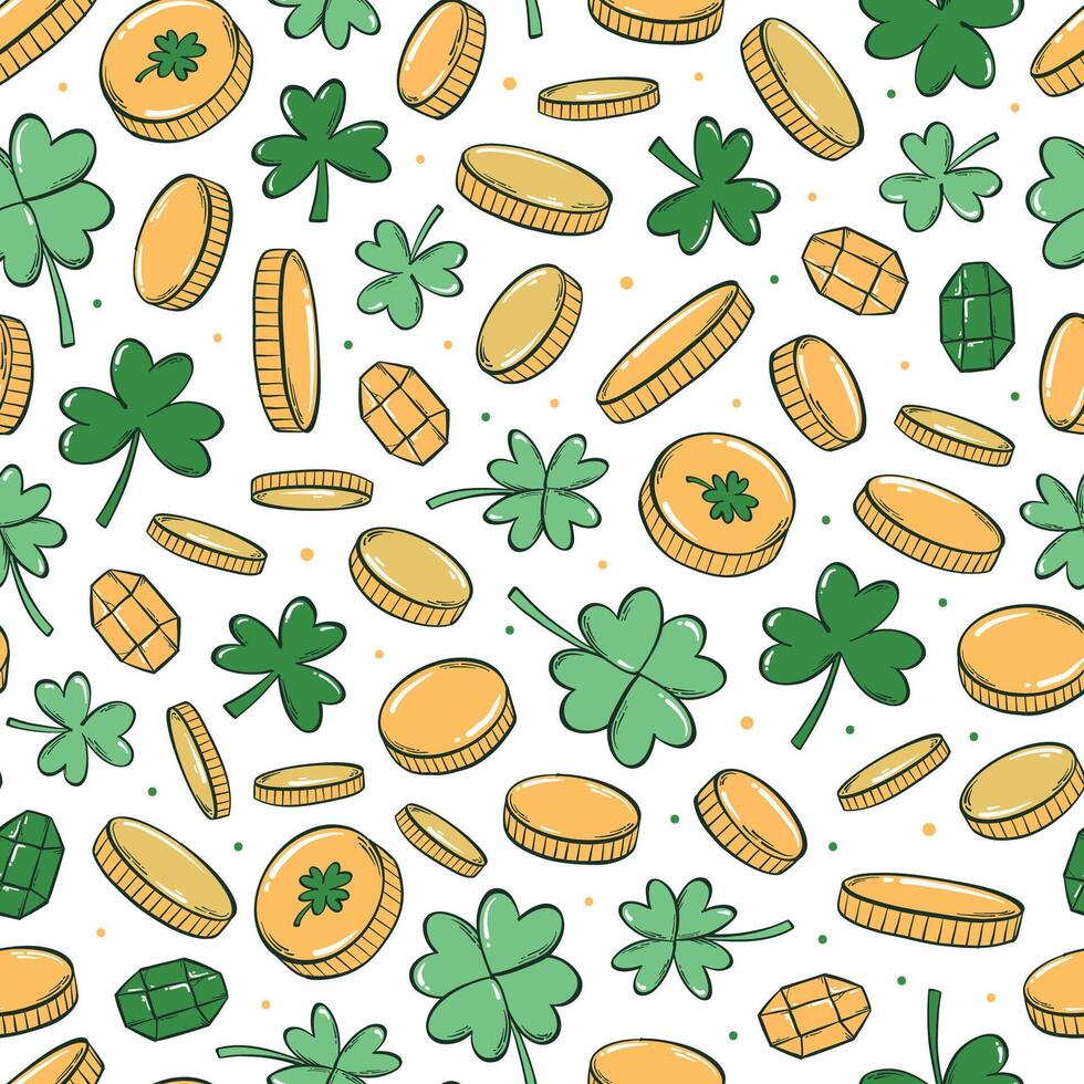 St. Patrick's day seamless pattern with clovers and gold coins for textile prints, wallpaper, wrapping paper, scrapbooking, backgrounds, etc. EPS 10 vector