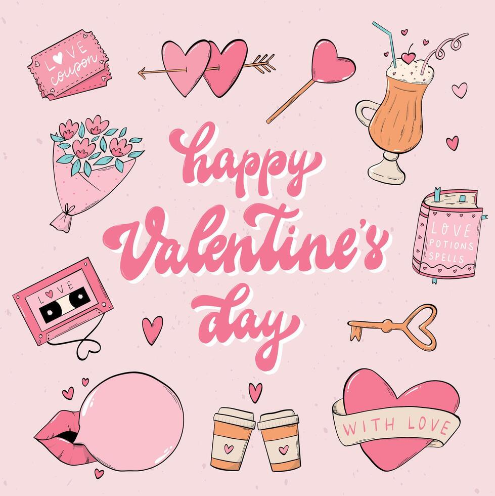 Valentine's day square card, poster, banner, invitation, print design with doodles and groovy lettering quote. EPS 10 vector