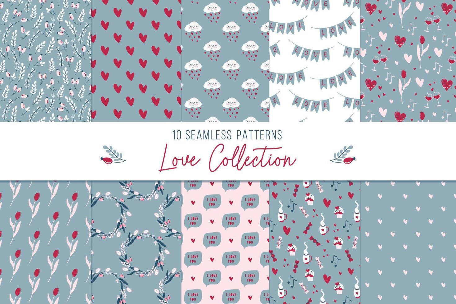 Set of love seamless patterns with hearts and romantic elements. Valentine's Day. Cute retro backgrounds. Hand drawn vector illustrations.