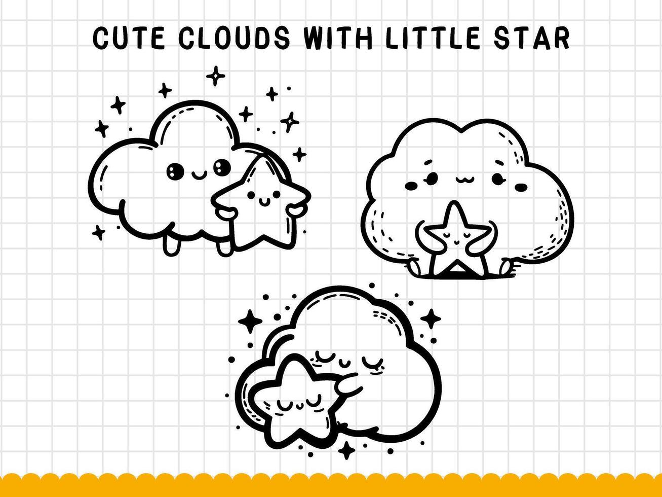 linda garabatear nubes con pequeño estrella. vector ilustración.