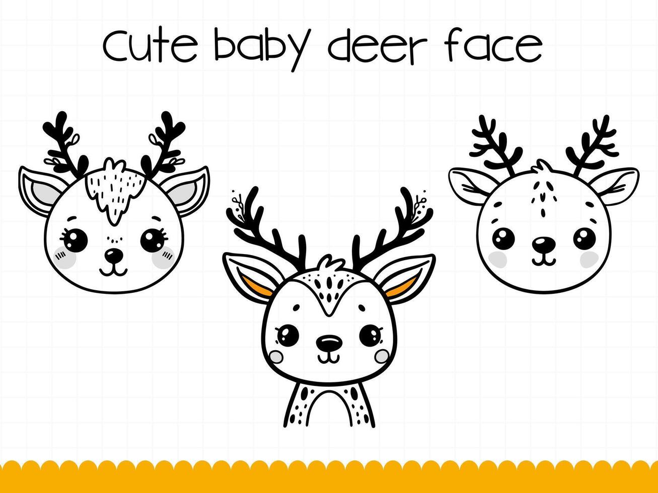 Cute deer face in simple doodle style set. vector