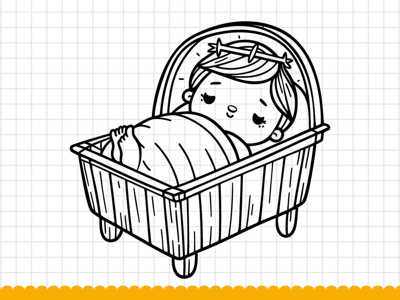 Black line art baby Jesus sleeping in manger. Vector illustration.