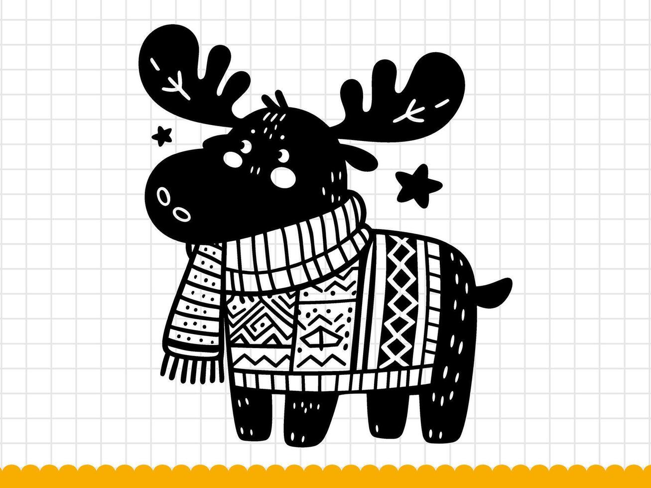 Black silhouette of cute and funny christmas moose. . Vector illustration