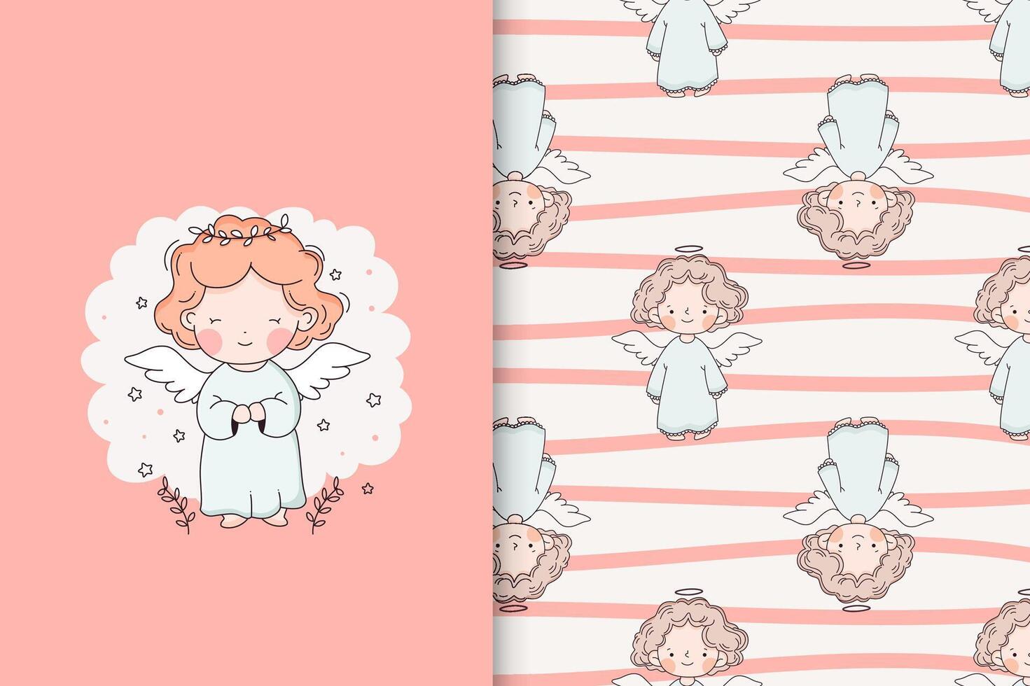 Cute baby angel. Card and seamless pattern set. vector