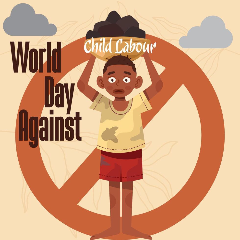 ilustración de el mundo día en contra niño mano de obra, con niños trabajando a transporte el tierra. prohibición firmar para Campaña modelo vector