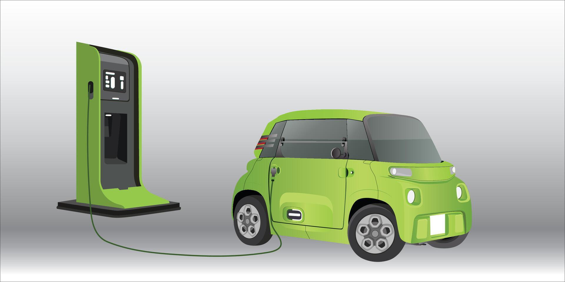 Green electric car at charging station. Vehicle is being charged. EV vehicle battery is plugged in and gets electricity from solar panels renewable power generator, wind turbine. vector