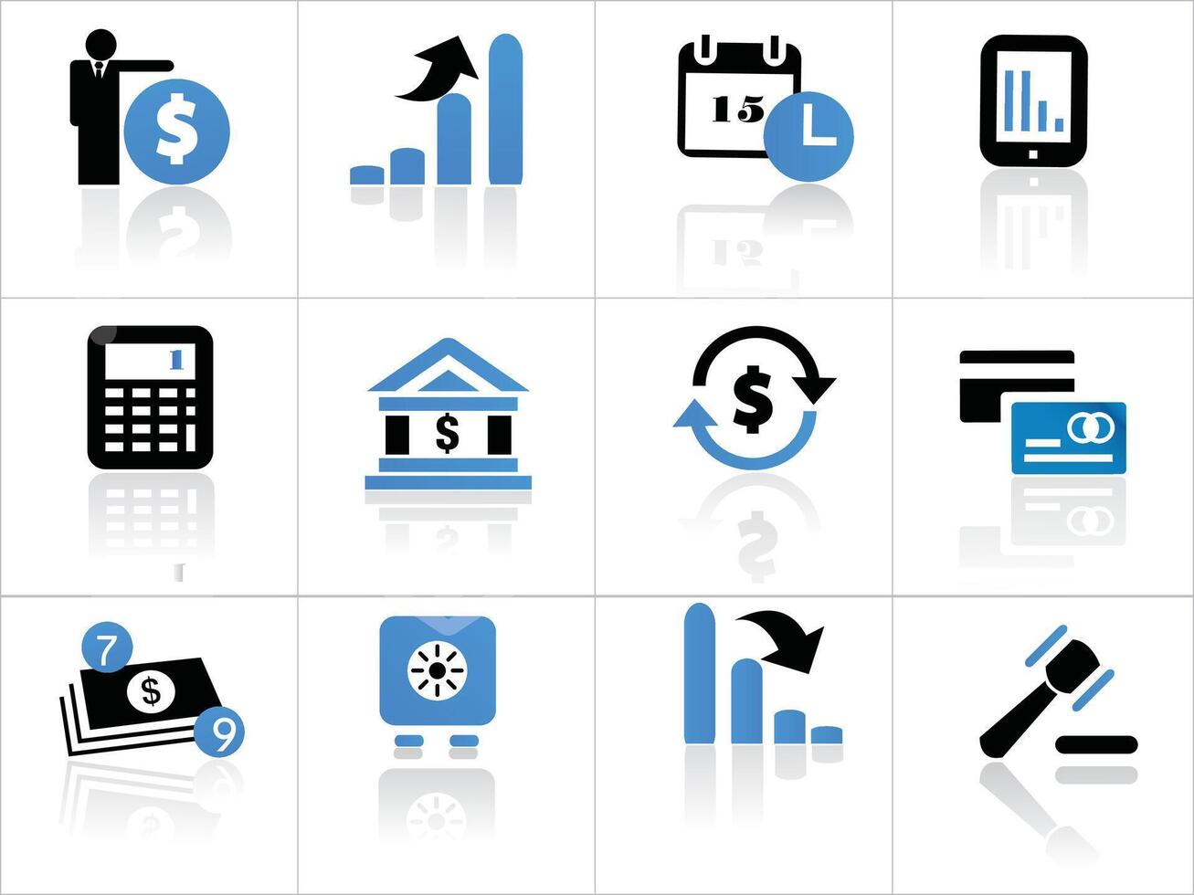 Collection of accounting and financial icons. Contains financial report, accountant, financial audit, invoice, tax calculator, business company and balance sheet icons. Solid icon collection. vector