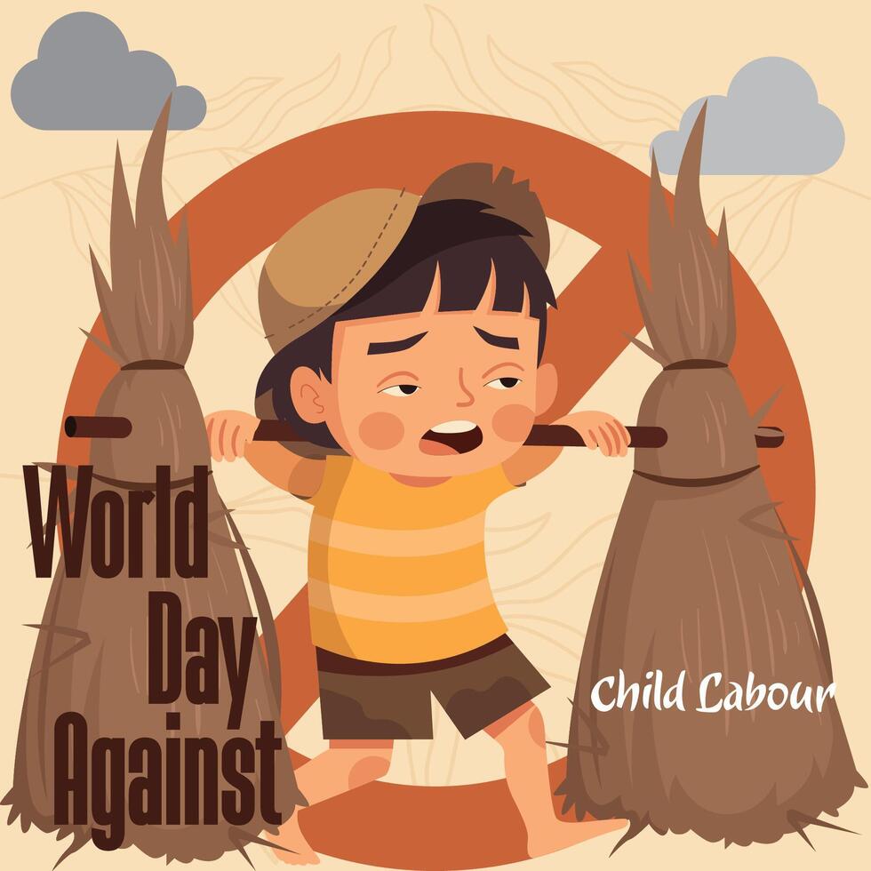 Illustration of World Day Against Child Labor, with Children Working for hay. Prohibition sign for Campaign Template vector