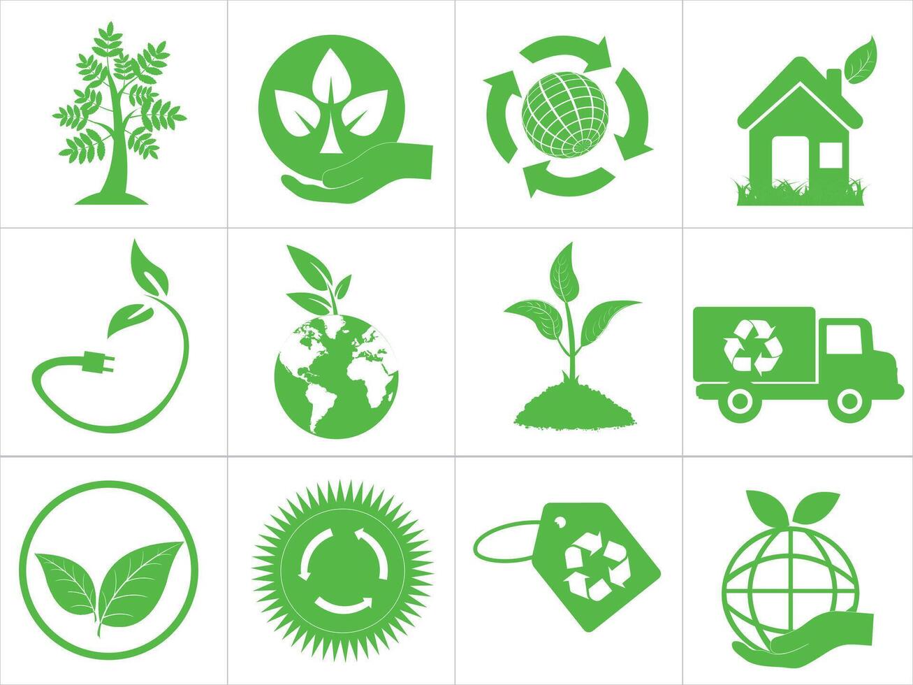Set of ecology icons. Environment, sustainability, nature, recycling, renewable energy, electric car, eco friendly, forest, green symbol. Vector collection of solid icons.