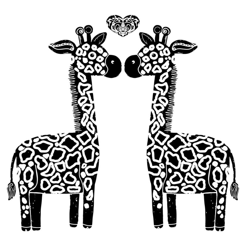two giraffes are standing in front of a white background vector