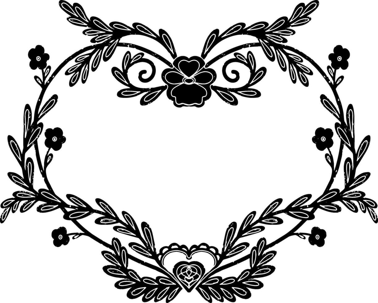 a black and white floral frame with a heart vector