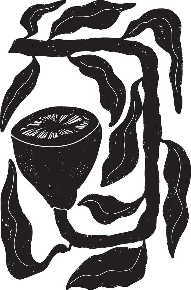 a black and white drawing of a fruit and leaves vector