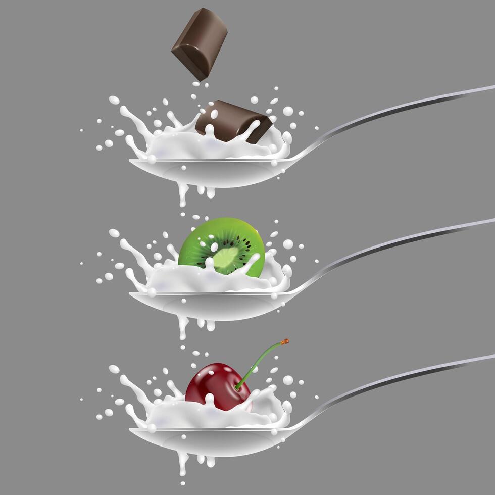Yogurt, milk splashes on spoon with fruits and chocolate vector
