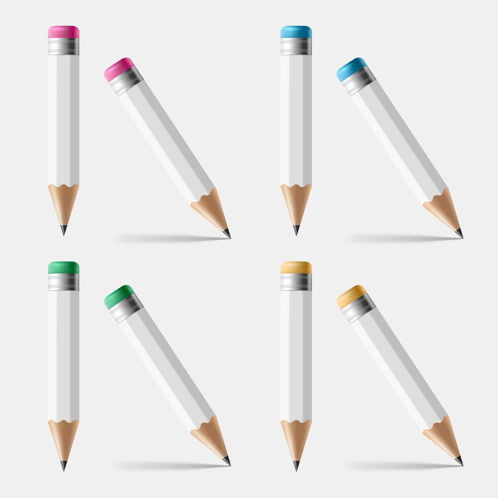 White realistic pencils on transparent background, mockup,template vector