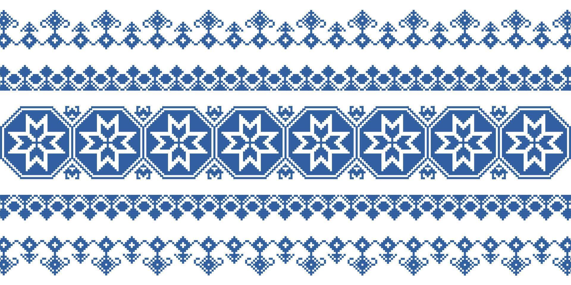Ukrainian ornament in blue color,seamless border, pixel art vector