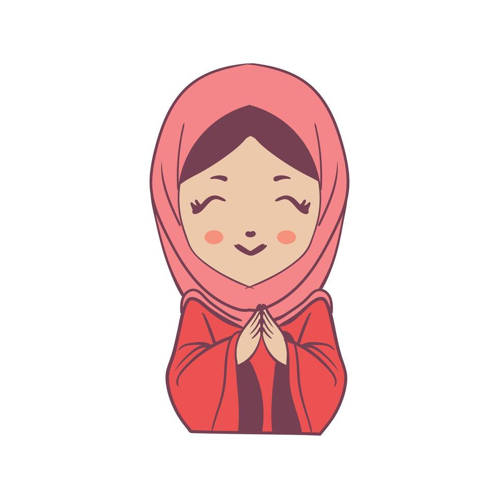 illustration cute vector cartoon muslimah , happy, smile, kawaii, isolated, chibi