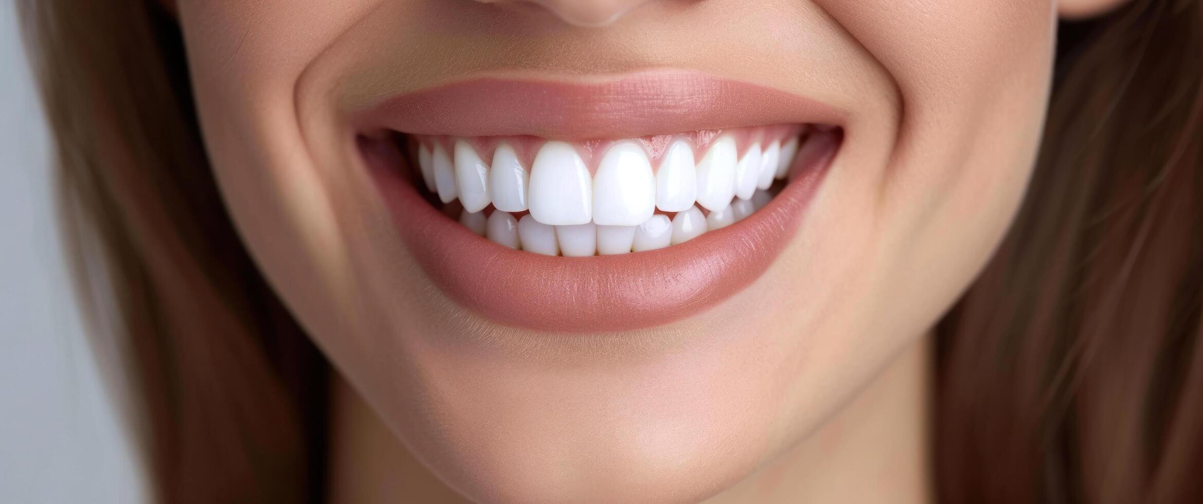 AI generated woman smiling with a white smile in the background photo