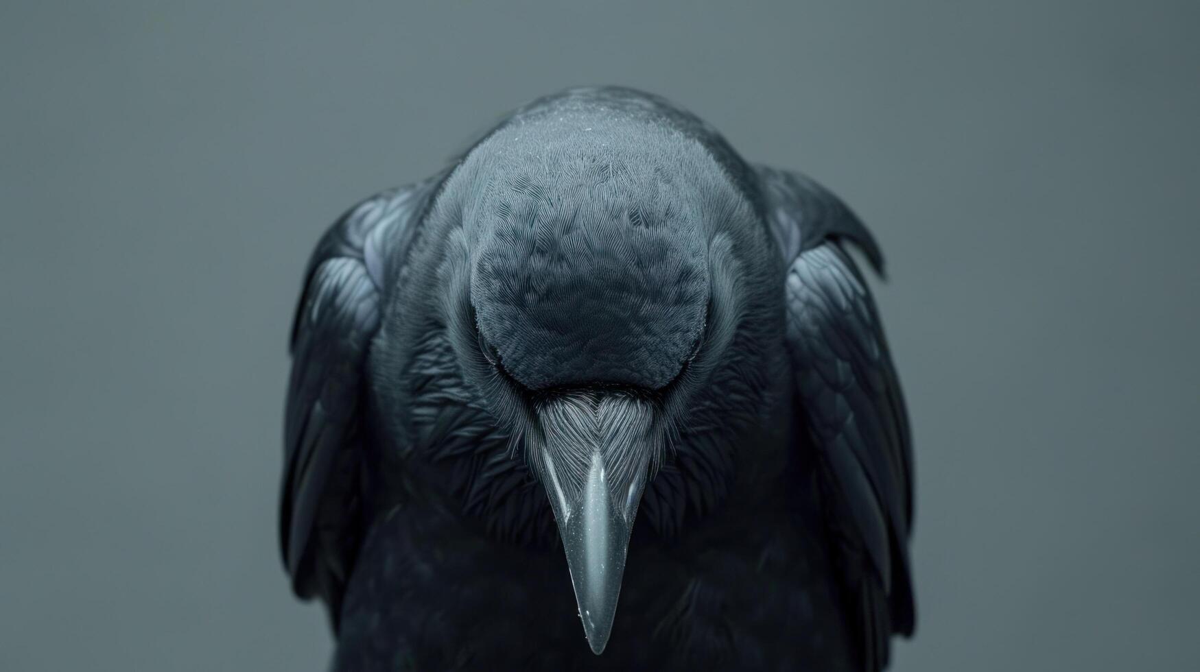 AI generated a crow with its head down, sitting in a gray studio photo