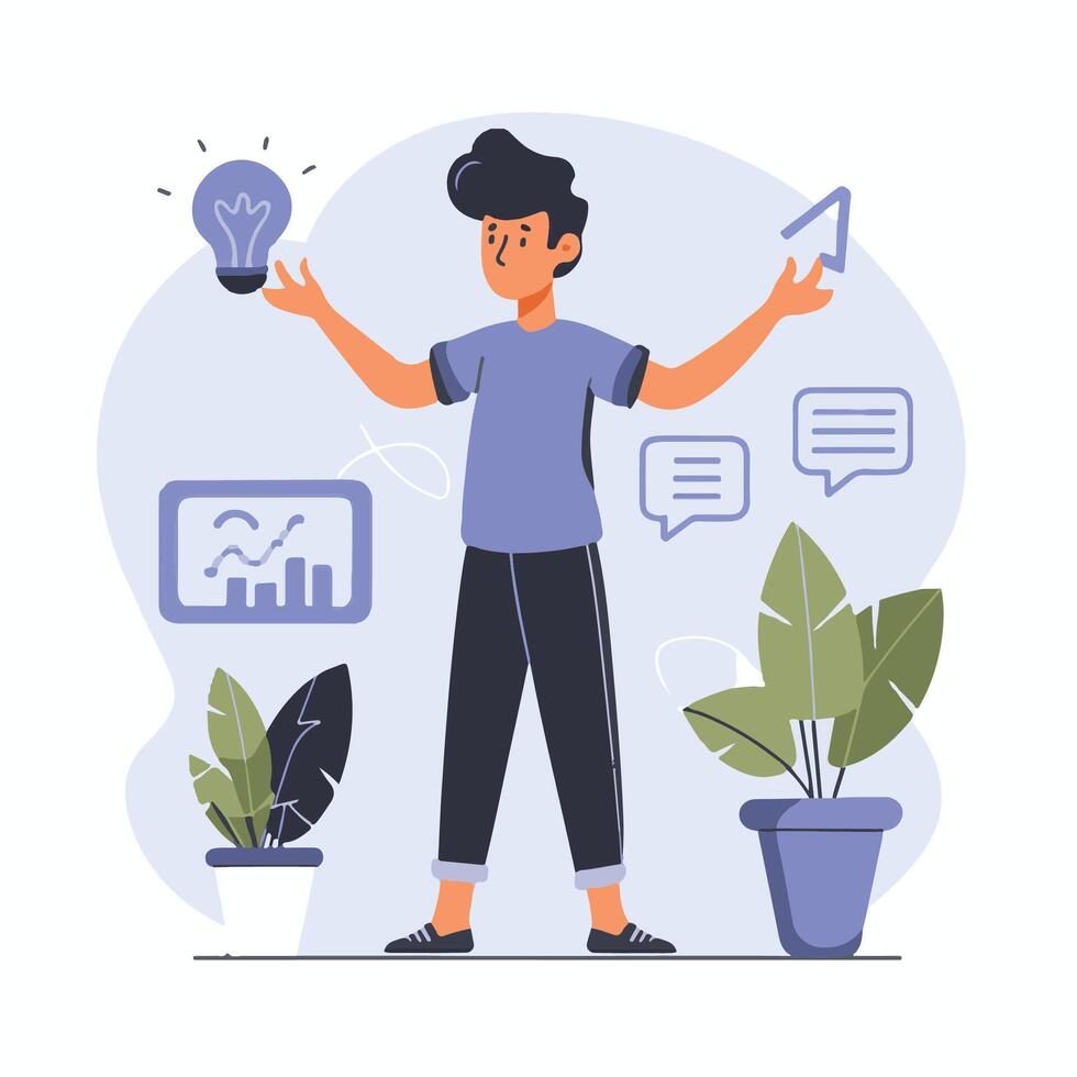 a man is standing in front of a plant with a light bulb vector