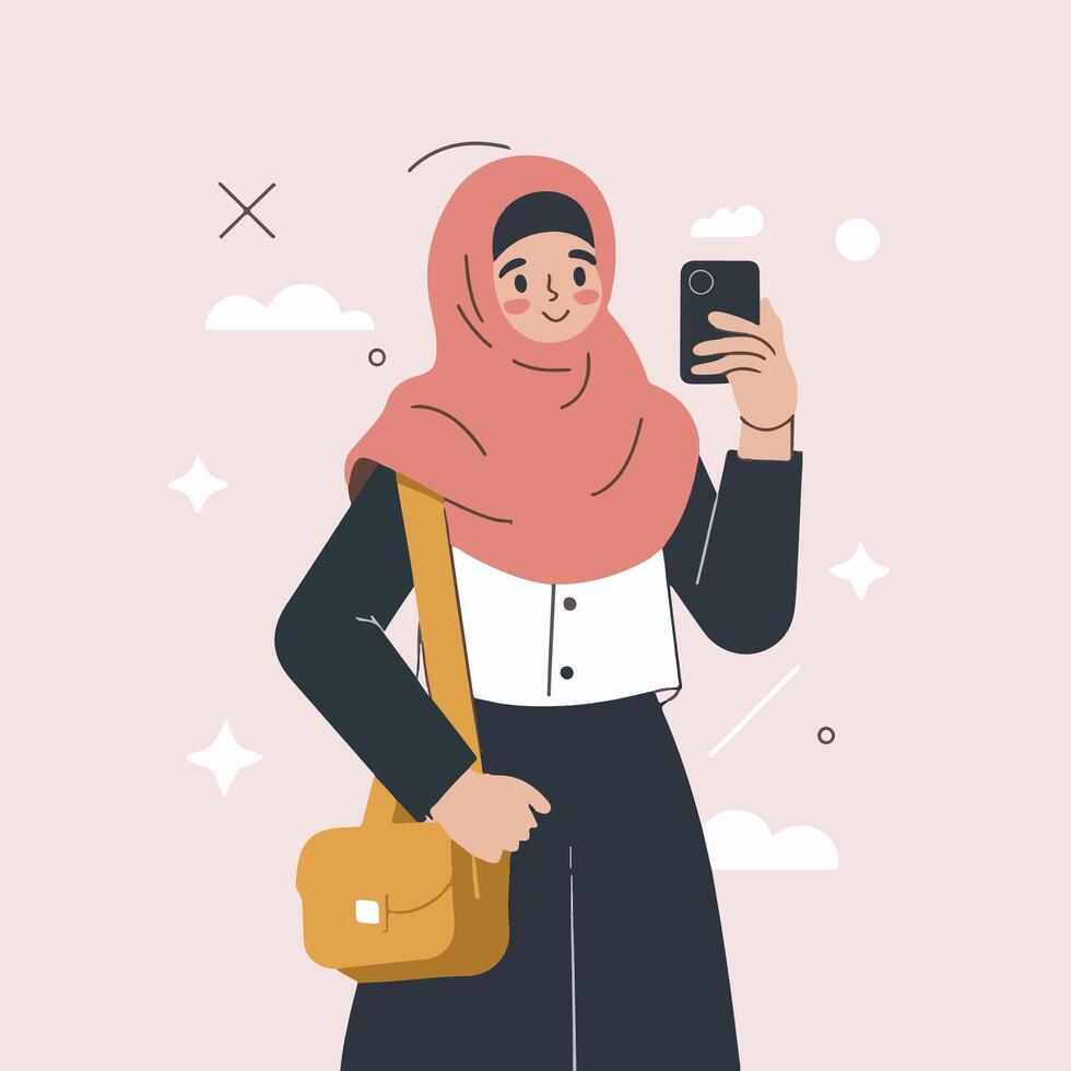 musulmán mujer en hijab tomando selfie con teléfono inteligente vector ilustración