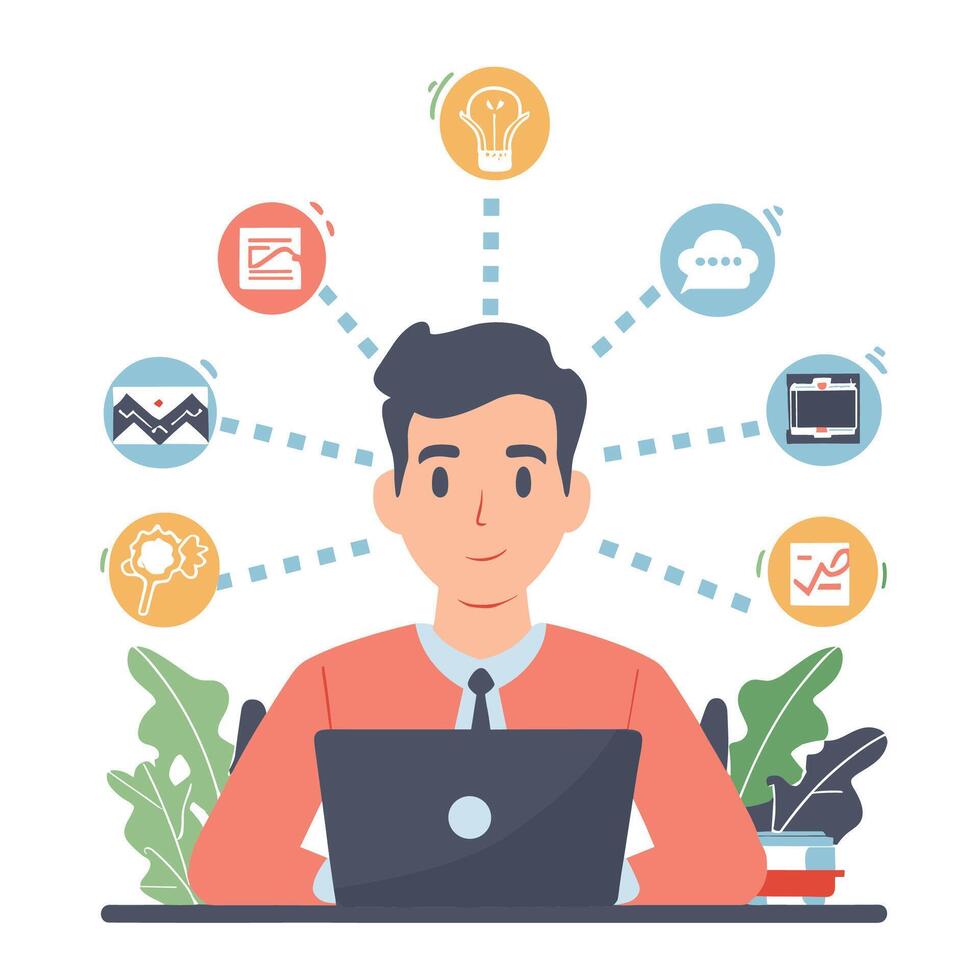 man working on laptop with many icons around him vector