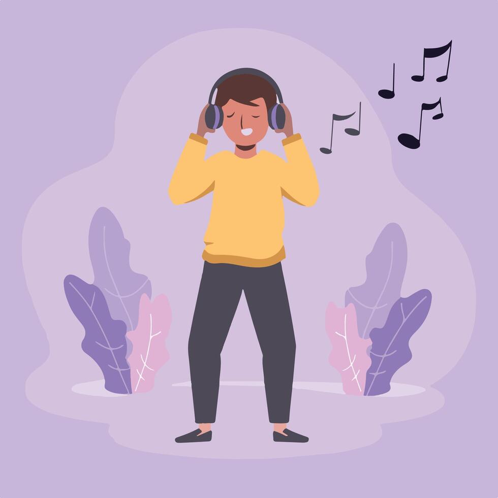 un hombre escuchando a música con auriculares vector