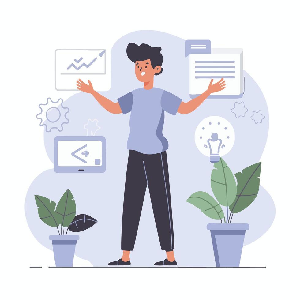 a man is standing in front of a plant with a computer and a potted plant vector