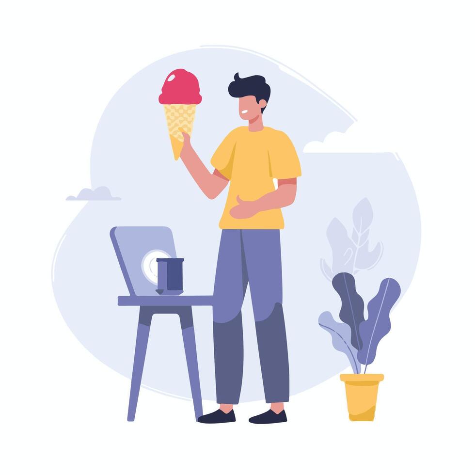 man eating ice cream in front of laptop and desk vector