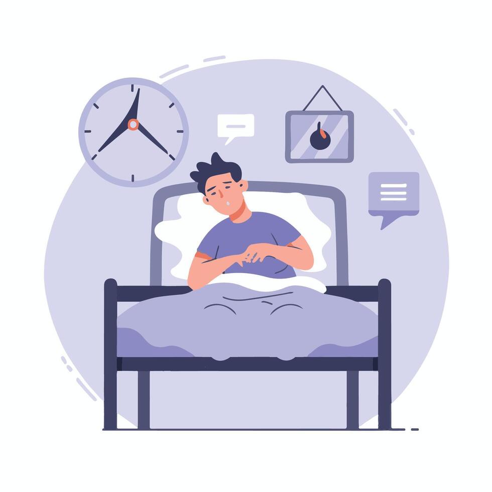 un hombre es dormido en cama con un reloj y otro artículos alrededor él vector