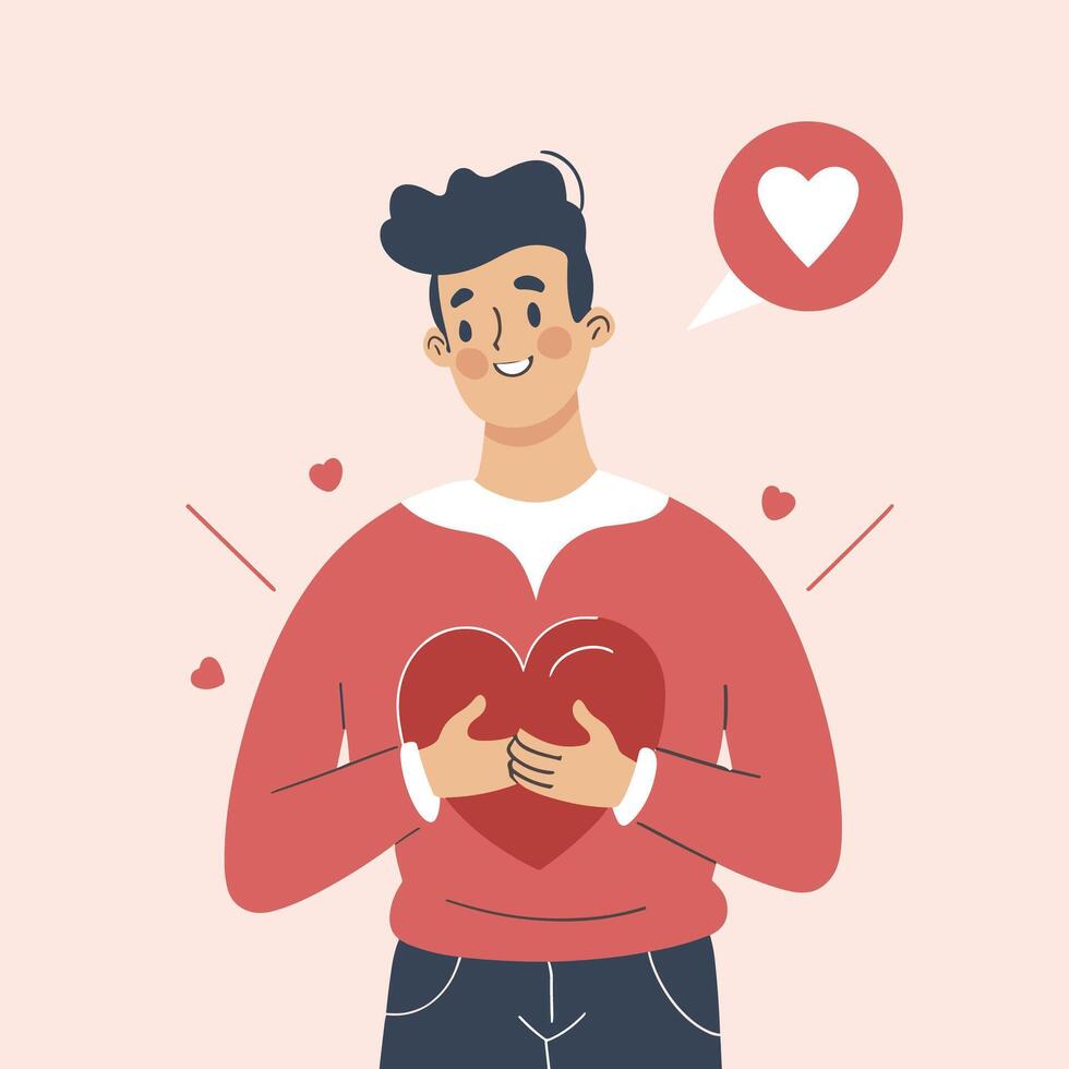 man holding heart with speech bubble over it vector