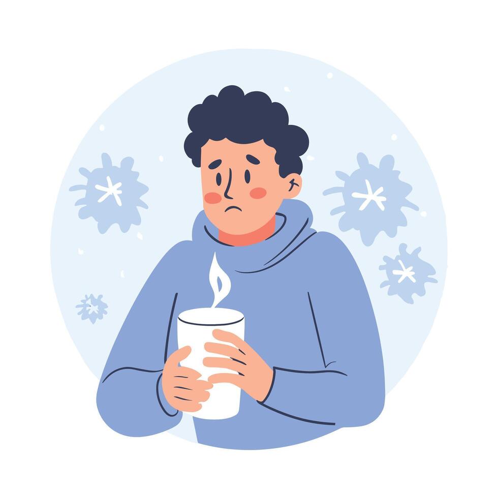 enfermo hombre Bebiendo caliente beber, frío clima vector ilustración