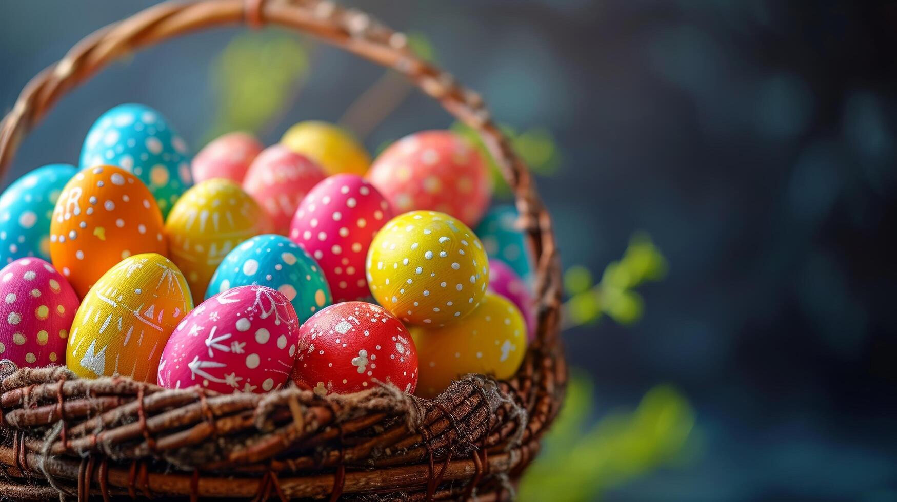 AI generated Vibrant Easter eggs arranged in a picturesque basket, radiating festive colors and patterns photo