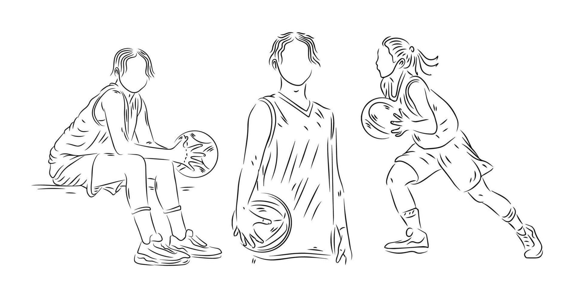 set of people playing basketball line art illustration vector