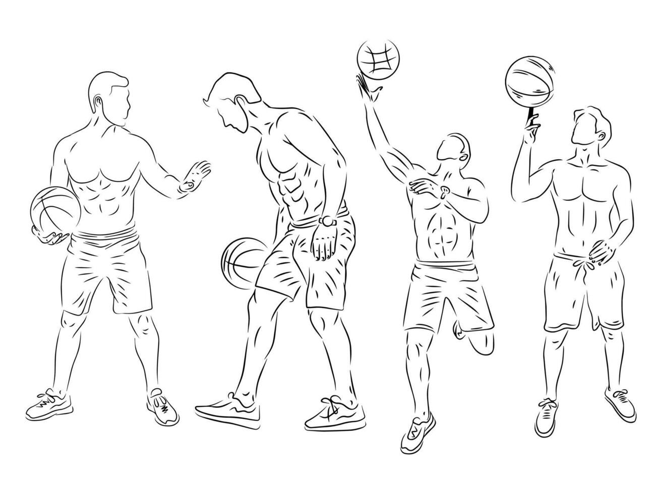 set of people playing basketball line art illustration vector