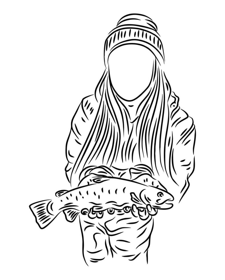 set of people handling fish after fishing line art illustration vector