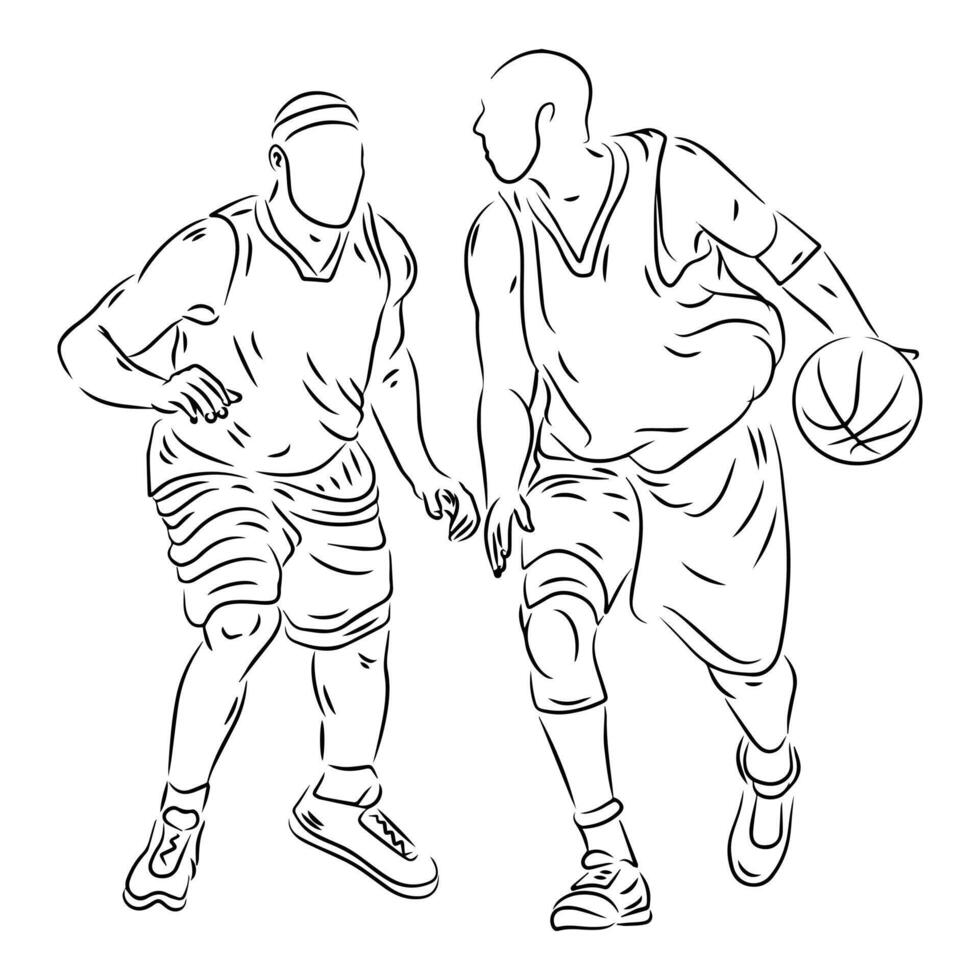 set of people playing basketball line art illustration vector