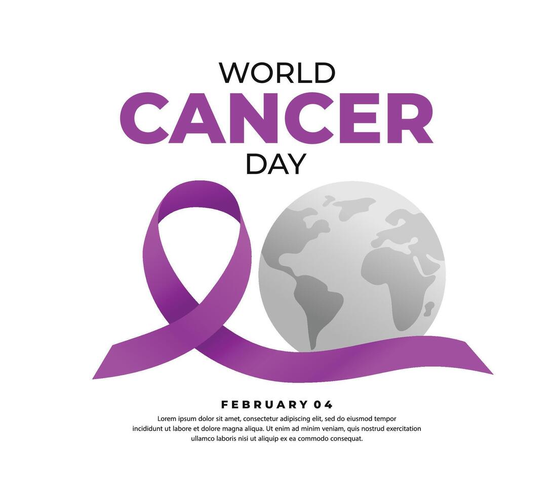 mundo cáncer día. púrpura degradado cinta con tierra globo ilustración. celebrar mundo cáncer día en febrero 4to. para bandera, logo, firmar, póster, social medios de comunicación etc vector