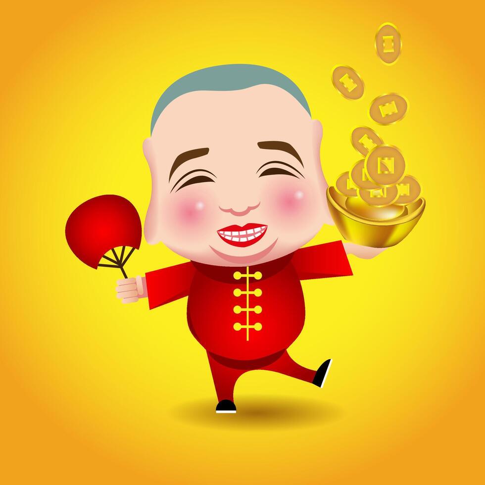 Chinese New Year  man with smile mask on yellow background vector