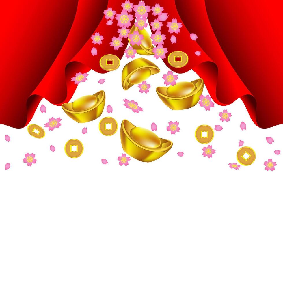 Sakura blossom and gold ingot fall from red curtain vector