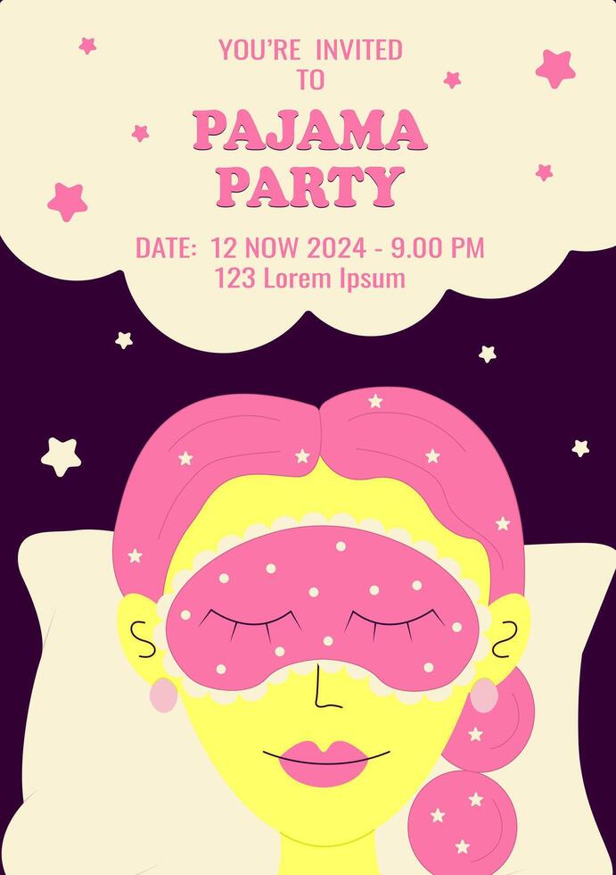 Pajama party poster invitation. Girl sleeping on a pillow wearing a sleep mask. Vector illustration