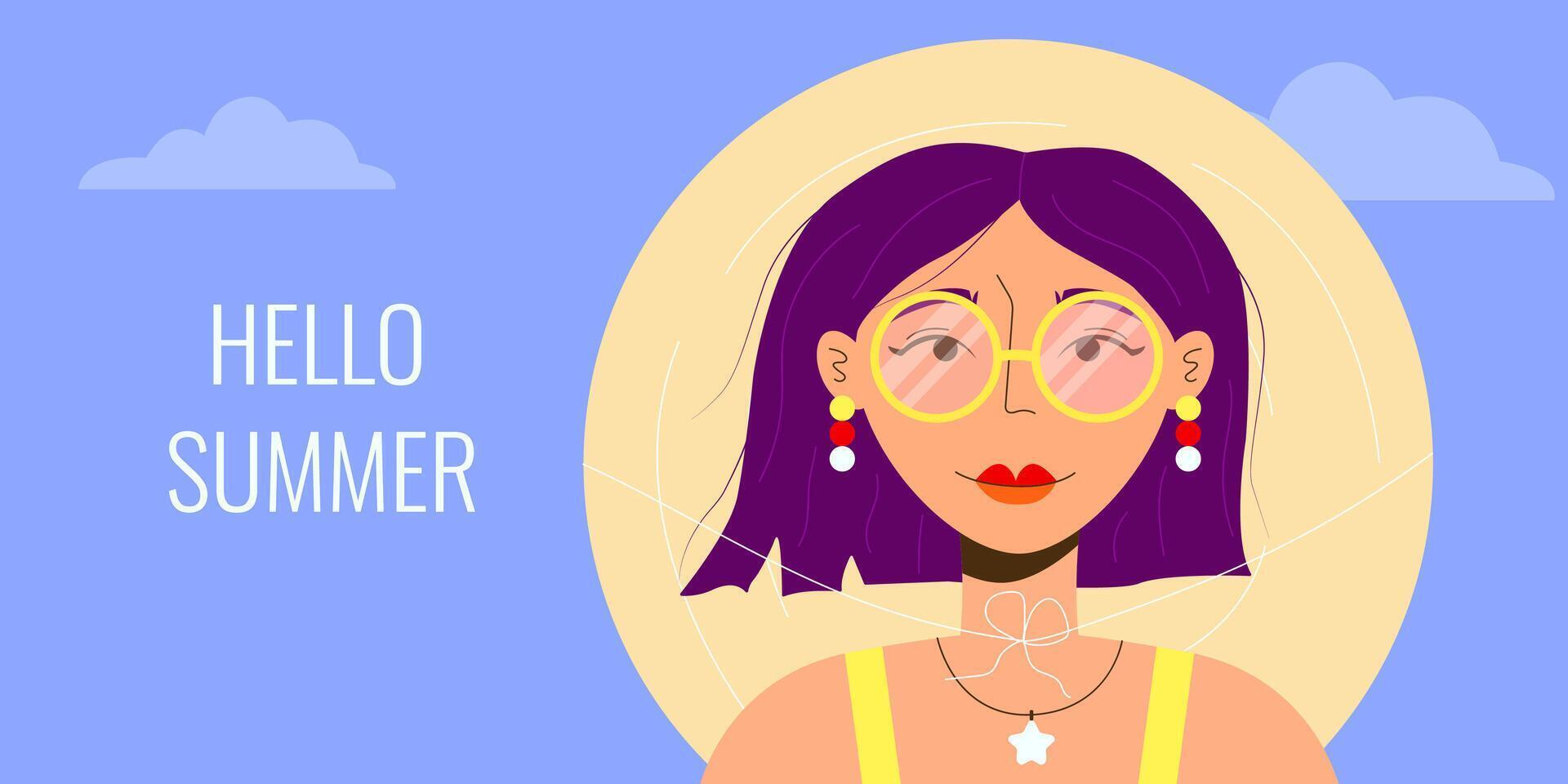 Banner of a girl with a bob in sunglasses and a straw hat on a seaside vacation. Vector illustration of vacation and travel concept