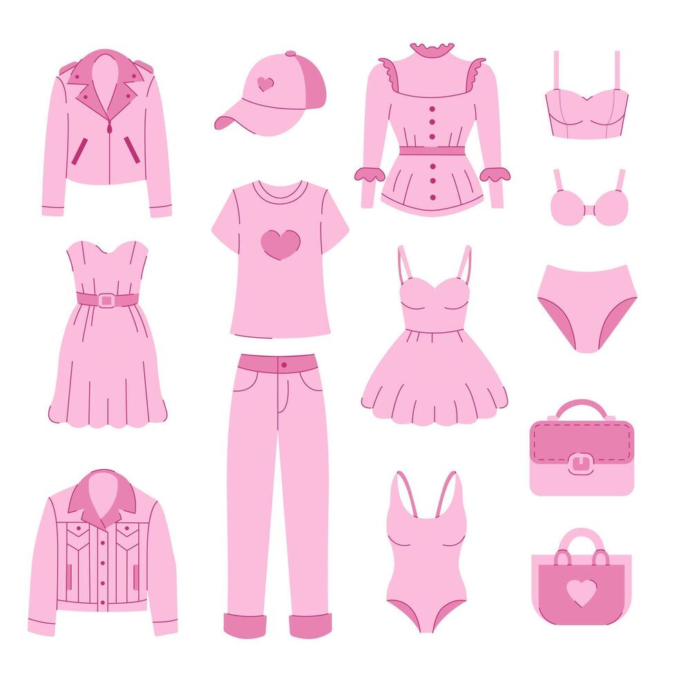 conjunto de rosado ropa para chicas. primavera y verano aspecto. ropa y accesorios. vector ilustración