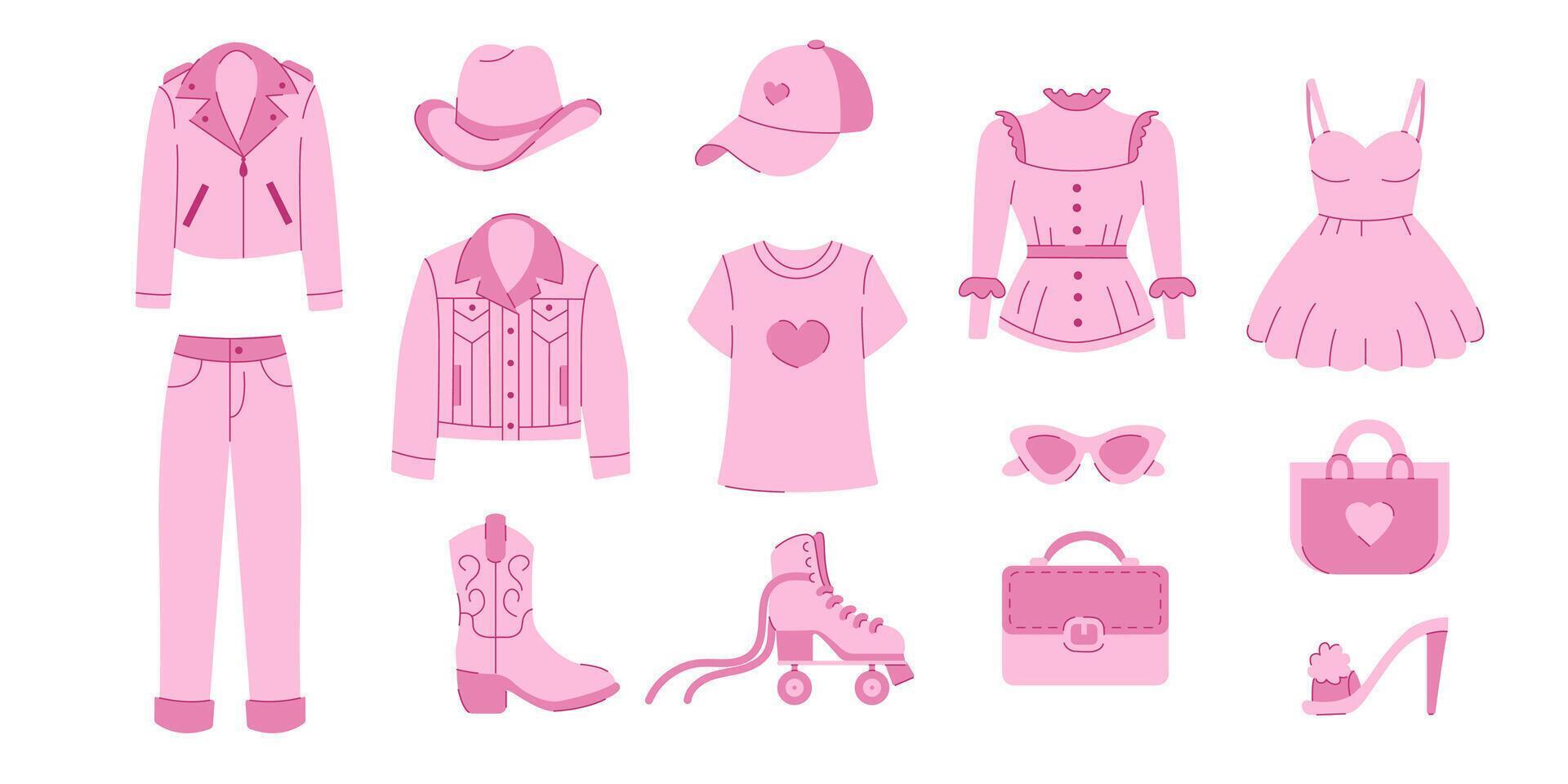 Set of pink clothes for girls. Spring and summer looks. Clothes and accessories. Vector illustration