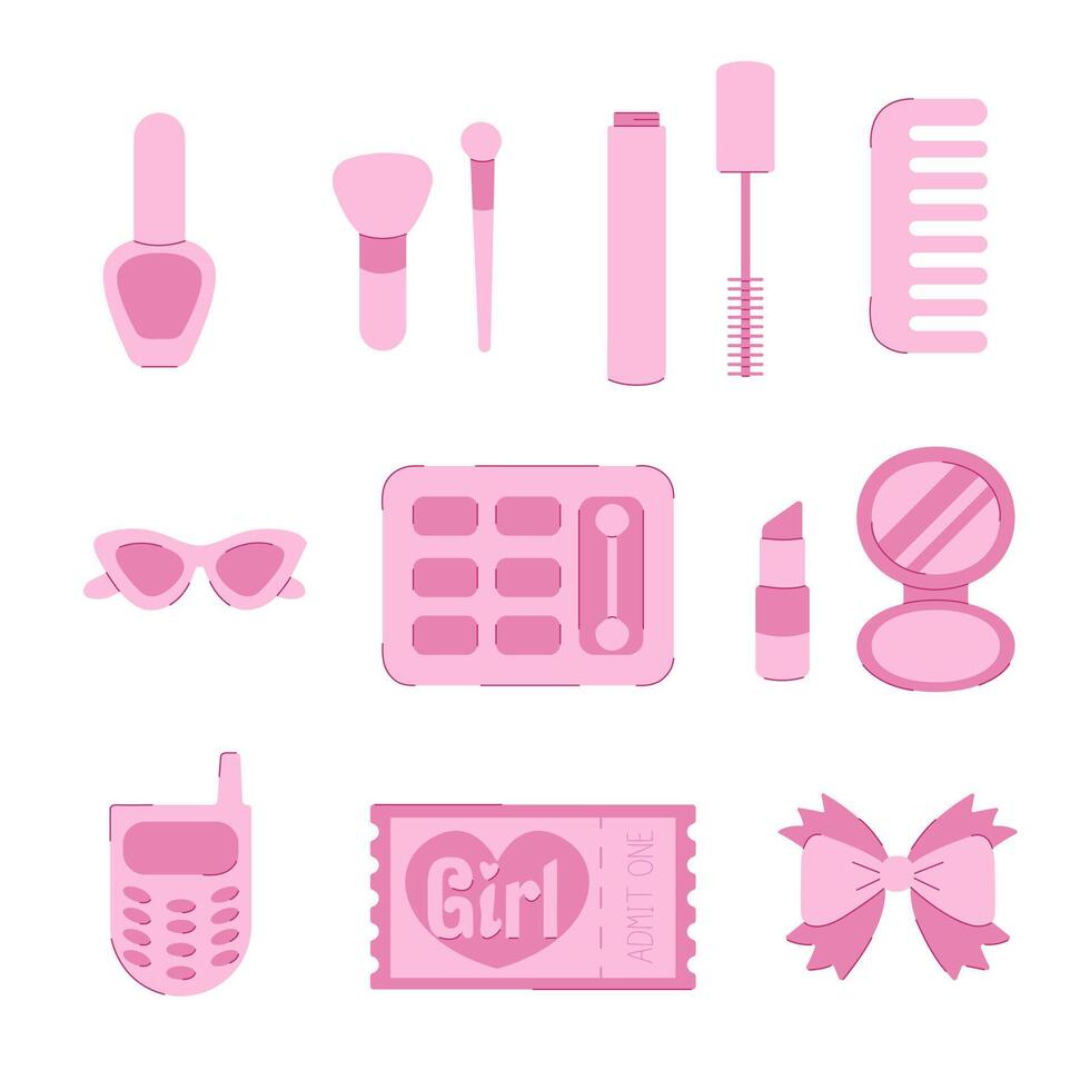 Set of cosmetics and accessories. Nail polish, mascara, makeup brushes, mirror, ticket, hairpin. Vector illustration