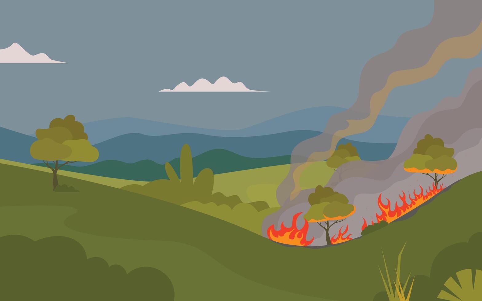 fuego en el bosque. incendio forestal, bosque incendios desastre montaña arboles vector ilustración