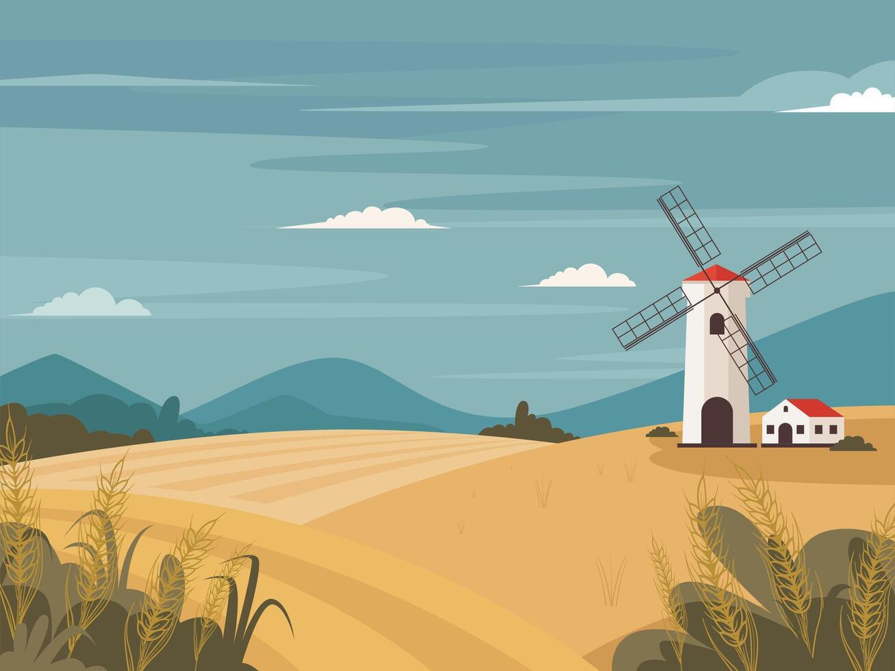 paisaje trigo campo con molino, granero, rural verano vector ilustracion