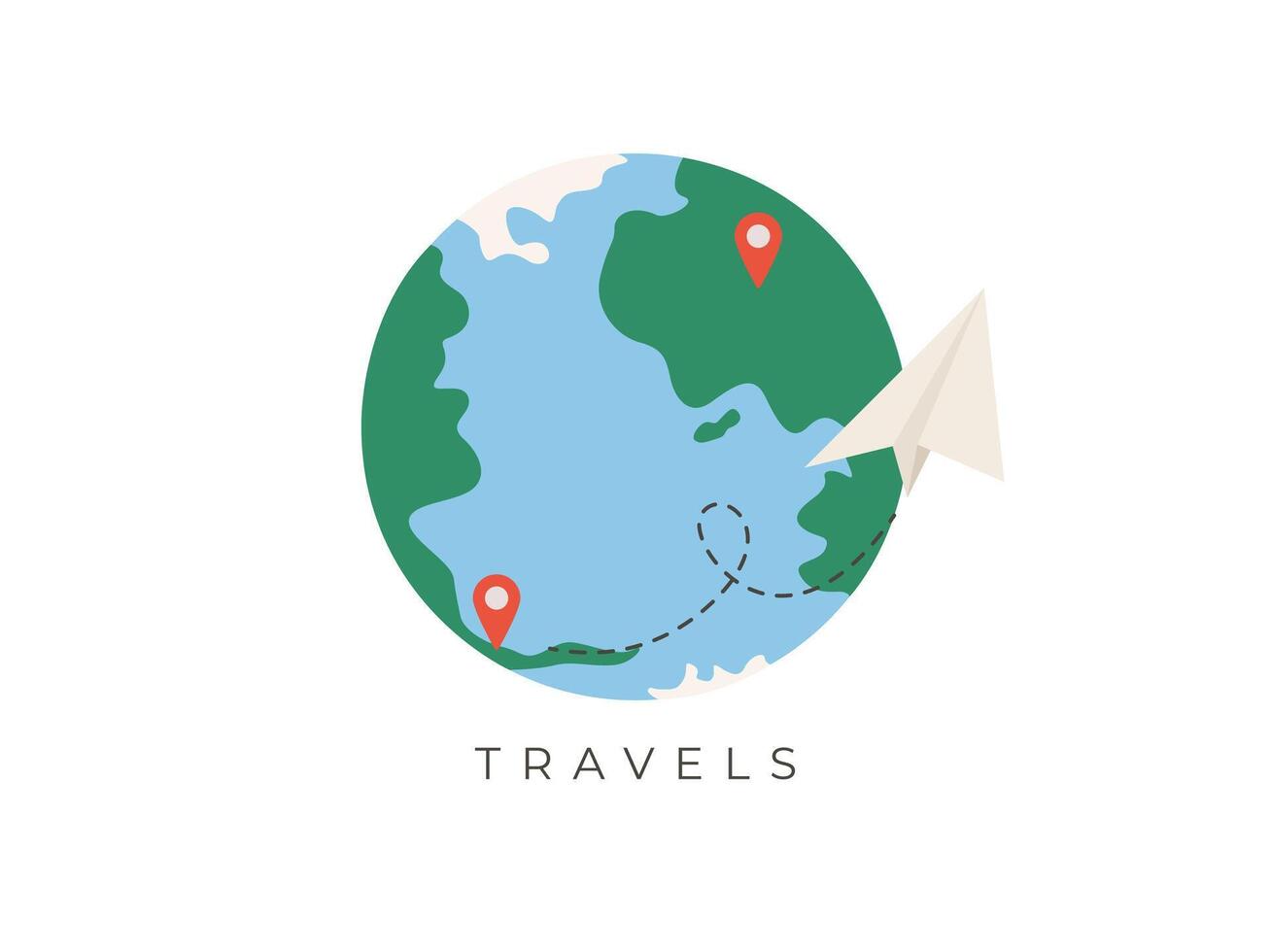 Air plane travels to destination point. Paper plane. travel icon. globe with pin pointers vector