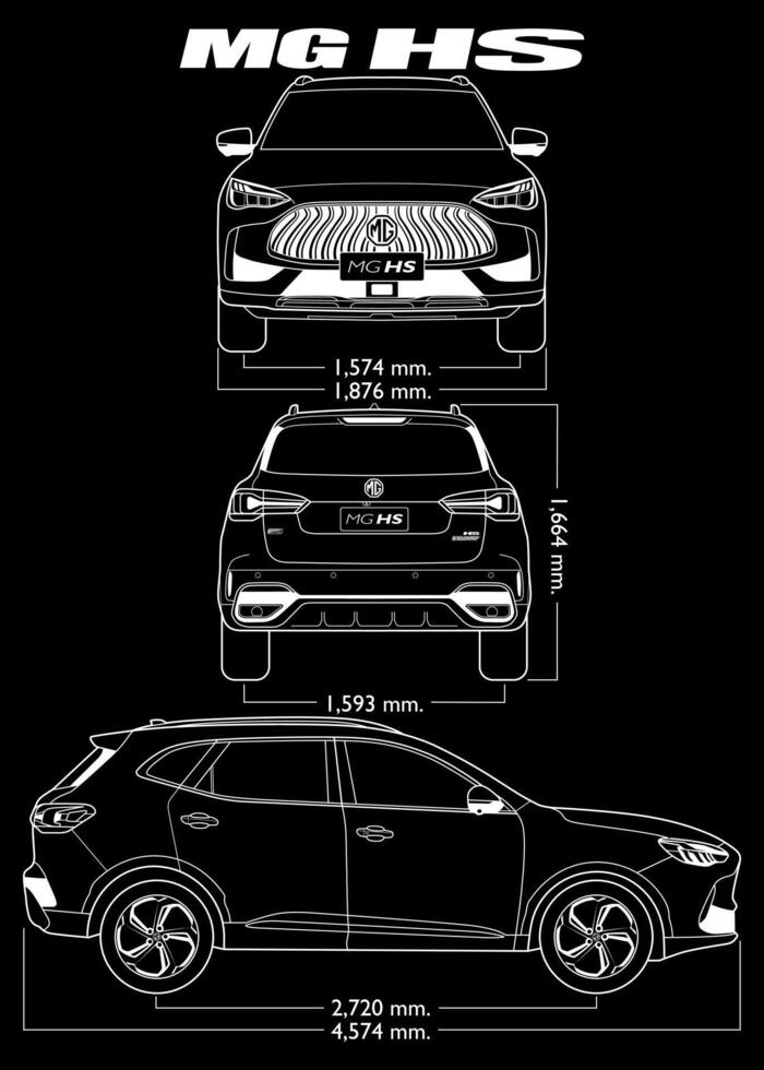 MG HS 2023 car blueprint vector